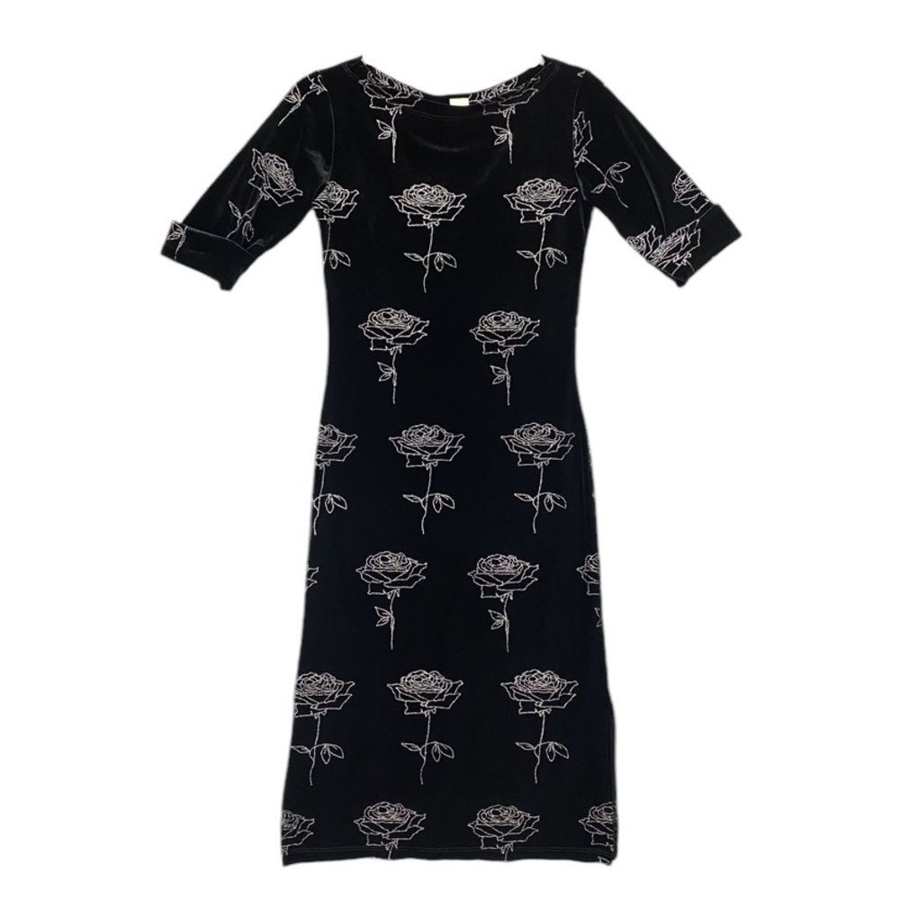Vintage Mine USA Velour Rose Midi Dress Womens Size Small Glitter Black Dark
